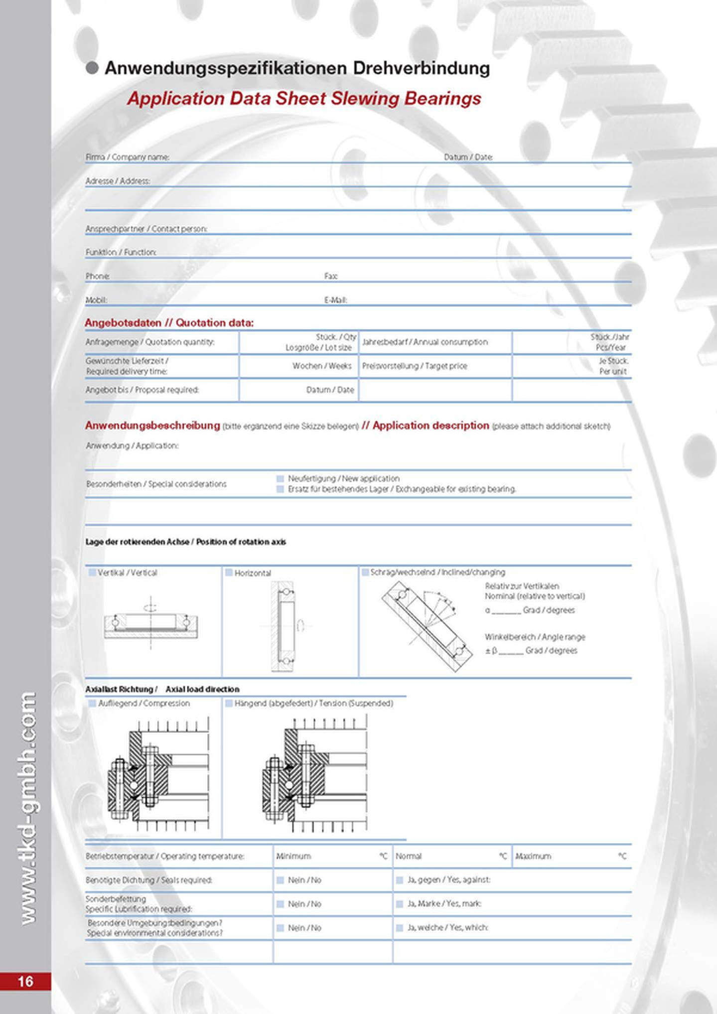 Datasheet technical specification slewing bearings